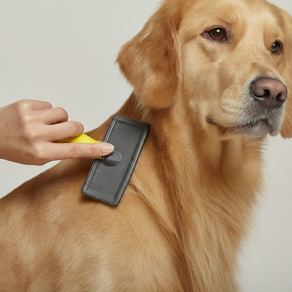 Hand brushing a black Labrador Retriever's short, sleek coat