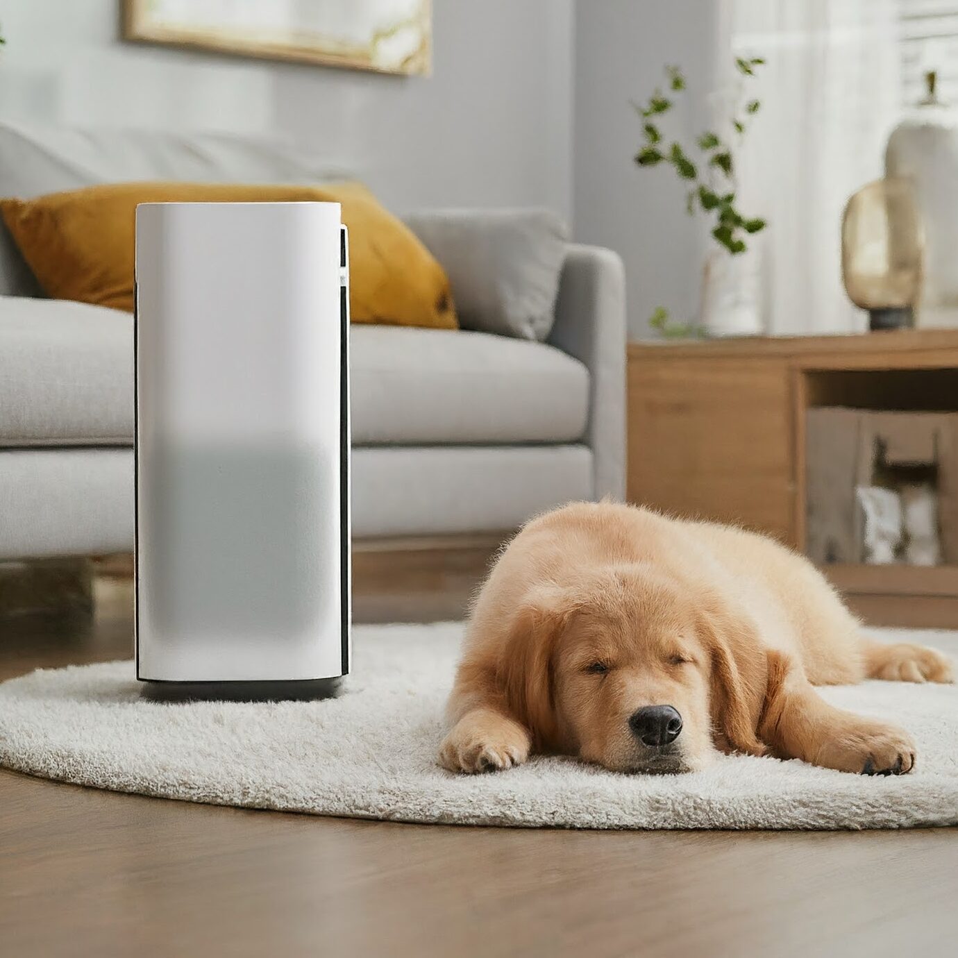 Golden Retriever dog relaxing on a rug near a sleek air purifier, highlighting the benefits of managing pet dander and allergens in a pet-friendly home.